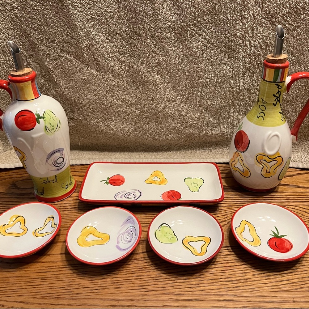Noble Excellence/Tabletops Unlimited Ceramic Oil & Vinegar Set, Tray & 4 Bowls